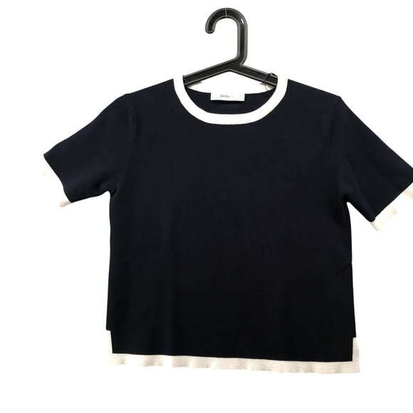 Zara Sweaters - Zara Short Sleeve Knit Sweater Womens S Black White Crewneck Cropped Tight Knit